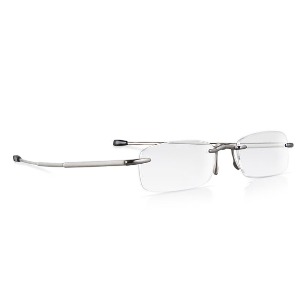 faltbare lesebrille, brille, brillen, randlosen linsen, teleskoparme, edelstahl, kompact, reise, etui, gelb etui,